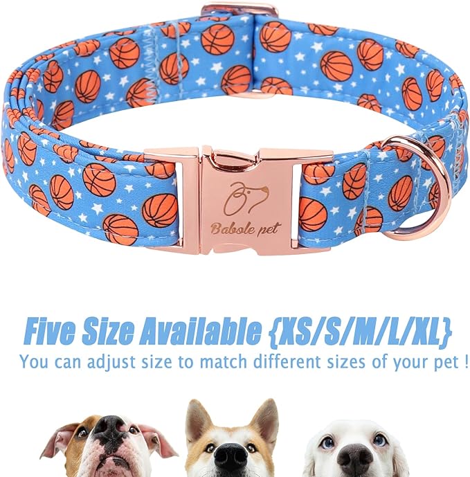 Adjustable Boy Dog Collar - Cute Blue Basketball Print Dog Collars for Large Dogs, Durable Pet Heavy Duty Metal Buckle Collar L