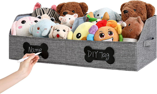 Qozary Large Dog Toy Basket with Diy Tag - Collapsible Dog Toy Bin, Fabric Personalized Storage Box, Trapezoid Storage and Organizer for Pet Supplies (Gray, Medium 27.6"x11.8")