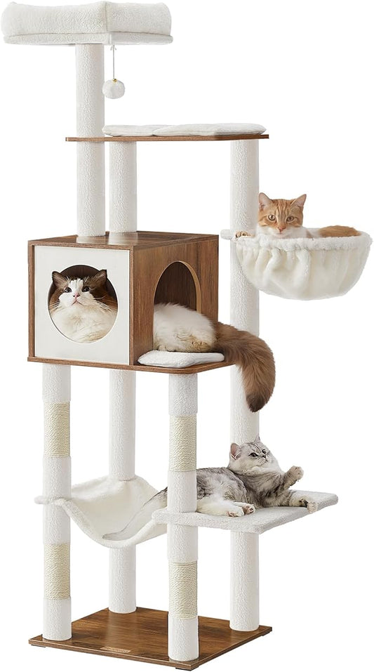 Feandrea Cat Tree, 65-Inch Tall Cat Tower, Multi-Level Condo with Cave, Basket, Hammock, Pompom, Scratching Posts, Honey Brown UPCT118K03