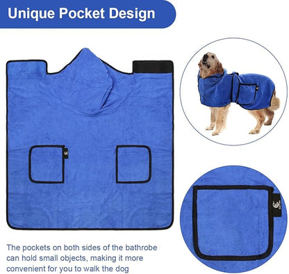 Dog Bathrobe Towel with Double Pocket, Wearable Dog Towel Super Absorbent Fast Drying, Soft Bath Robe with Hat and Belt for Medium Large Pet (Large:Back Length 23"/60 cm)