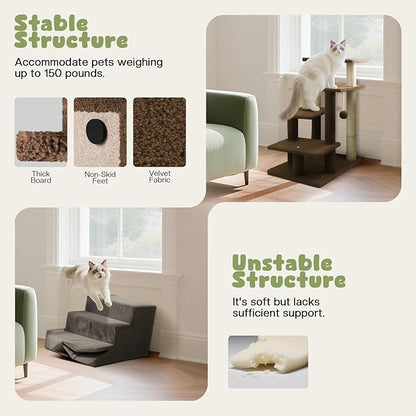 4-Step Pet Steps for Cats/Dogs, Cat Stairs with Sisal Scratching Post, Cat Steps for Older Cats with Enlarge Perch, Pet Stairs for High Bed and Couch, Brown