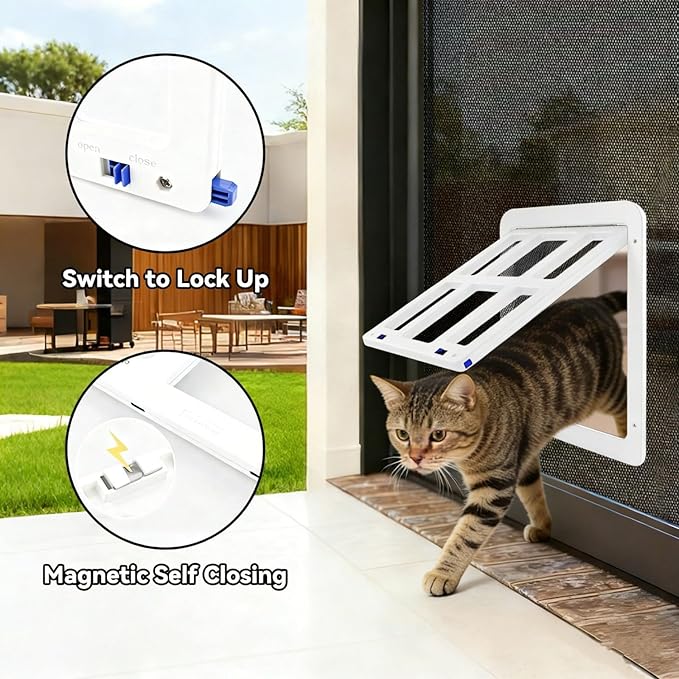 Namsan Magnetic Auto-Closing Cat & Small Dog Screen Door, 8.3 x 10.3 Inch Lockable Small Pet Passage Door for Sliding Doors/Windows, White - Easy Install Cat Screen Door