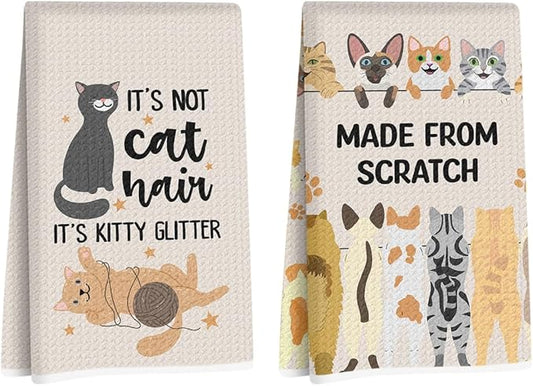 2 Pcs Funny Cat Kitchen Towels 24x14 Inch, Cats Gifts Reusable Dish Towels for Kitchen Bathroom Decor, Waffle Weave Hand Cloth Tea Towel, Cute Cat Lover Gifts for Women Mom Friend