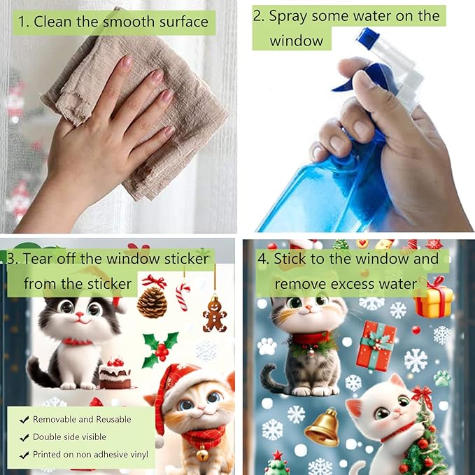 Christmas Window Clings Cat Stickers for Window Glass, 9 Sheets Xmas Decorations Christmas Cat Tree Bells Decals for Holiday Party(Cat2340)
