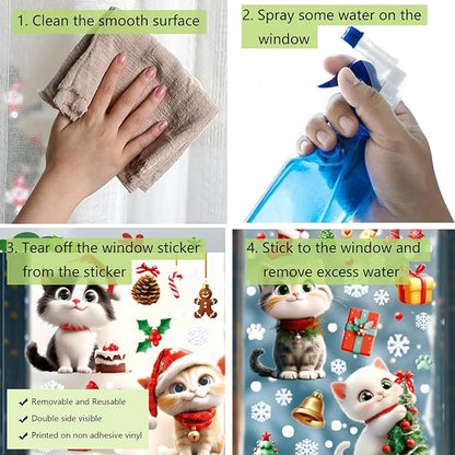 Christmas Window Clings Cat Stickers for Window Glass, 9 Sheets Xmas Decorations Christmas Cat Tree Bells Decals for Holiday Party(Cat2340)