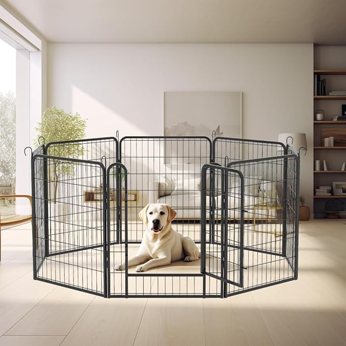 Dog Playpen Indoor - Pet Fence Puppy Exercise Pen for Yard Gate 6/8/12/16Panel Heavy Duty Crates with Doors Metal Dog Pen for Camping Outdoor (Black 8 Panels, 31.7''H)