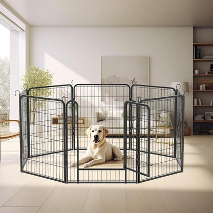 Dog Playpen Indoor - Pet Fence Puppy Exercise Pen for Yard Gate 6/8/12/16Panel Heavy Duty Crates with Doors Metal Dog Pen for Camping Outdoor (Black 8 Panels, 31.7''H)