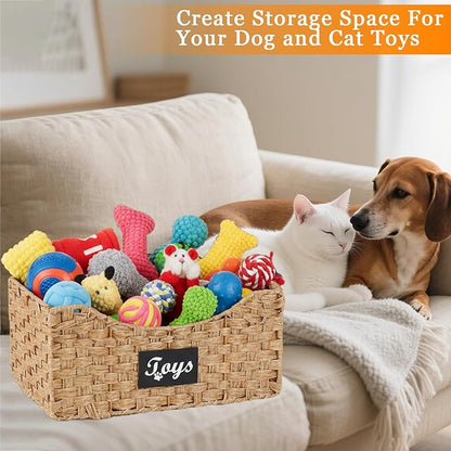 Dog Toy Storage Basket Medium,Wicker baskets for Dogs Cats,Pet Toys Bin,Collapsible Puppy Toys Box with Wire Frame,Ideal for Storing Pet Supplies, Easy-Access(Brown)