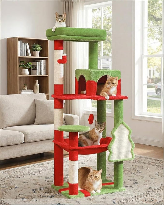 MUTTROS Cat Christmas Tree for Indoor Cats – 56.3“ Cat Proof Christmas Tree Tower with Large Hammock, 3 Scratching Posts & 3 Christmas Toy Balls – Holiday Cat Tree with Festive Decor, Christmas Red