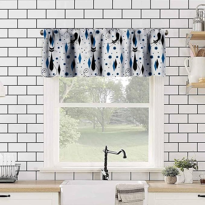 Mid Century Black Cat Valance Curtains, Retro Atomic Starburst Vintage Modern Abstract Geometric Pattern 1950s Window Curtain Valance for Bedroom Living Room 54x18inch