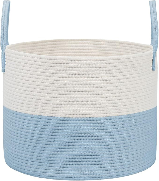65L Extra Large Blanket Basket for Living Room - Woven Cotton Rope Laundry Hamper with Reinforced Handles - Storage Bin for Pillows, Comforters & Toys - Machine Washable,White&Blue