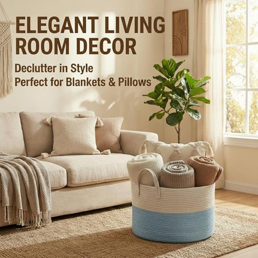 65L Extra Large Blanket Basket for Living Room - Woven Cotton Rope Laundry Hamper with Reinforced Handles - Storage Bin for Pillows, Comforters & Toys - Machine Washable,White&Blue