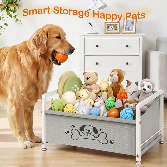 Dog Toy Basket for Storage, Metal Frame Oxford Fabric Pet Toy Organizer with Raised Legs, Large Capacity Dog Toy Bin with Front Low Opening, Washable and Durable Design