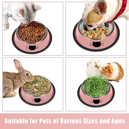 2 Pcs Non-Slip Stainless Steel Small Cat Food Bowls - Unbreakable, Thicken 7 Oz Cat Dishes - Indoor, Removable Rubber Base, Easily Clean, Lovely Color