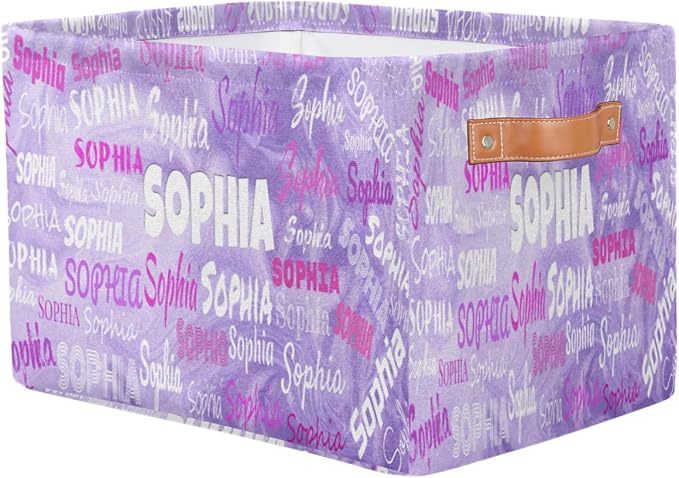 Custom Storage Baskets for Kids with Name, Large Foldable Organizer Collapsible Storage Bin with Leather Handle for Home Toys Closet Nursery, Light Purple Sand Texture Pattern