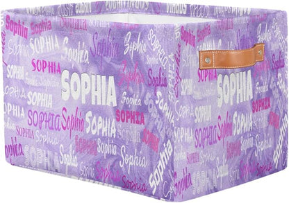 Custom Storage Baskets for Kids with Name, Large Foldable Organizer Collapsible Storage Bin with Leather Handle for Home Toys Closet Nursery, Light Purple Sand Texture Pattern