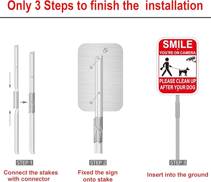 2Pack Clean UP After Your Dog Signs with 28-inch Metal Stake, 12x8 Inches, Smile You're on Camera, No Pooping Signs for Yard Aluminum