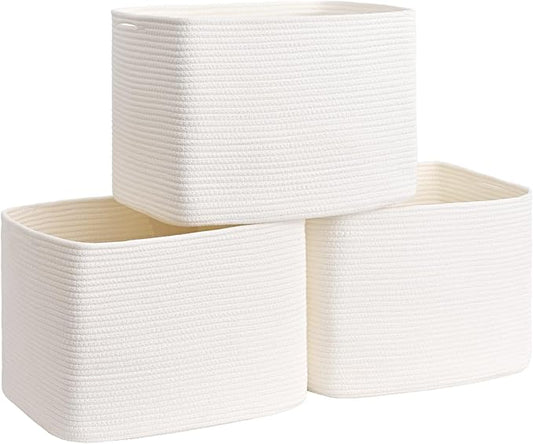 3 Pack Cube Storage Bin, 17”x12”x12” Cotton Rope Woven Baskets for Organizing Toys Clothes Towels, Square Gift Storage Baskets for Shelves, Nursery, Closet, Bathroom, Pantry (White)