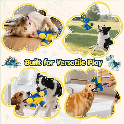 Squeaky Dog Toys - Soft Plush Dragon Dog Toy with 5 Squeakers & Crinkle Paper, Dog Toys for Small, Medium and Large Dogs (Blue,10")