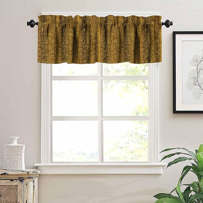 Vintage Egyptian Print Curtains Valance, Golden Egypt Hieroglyphics Old Logographic Details Alphabetic Element Window Valance Curtain for Farmhouse Bedroom Living Room Kitchen 54x18inch