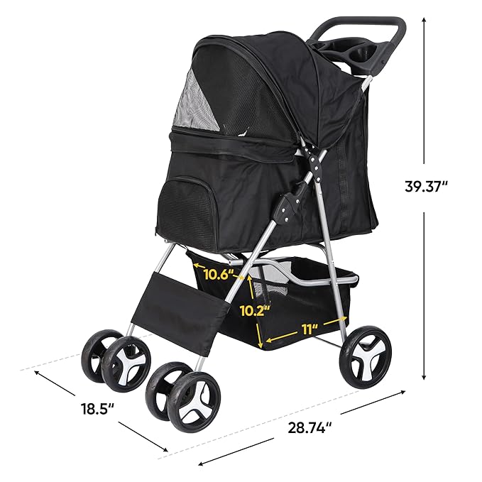 LEMY 4 Wheels Pet Dog Cat Stroller for Small Medium Dogs Cats,Black Foldable Jogger Travel Puppy with Detachable Carrier