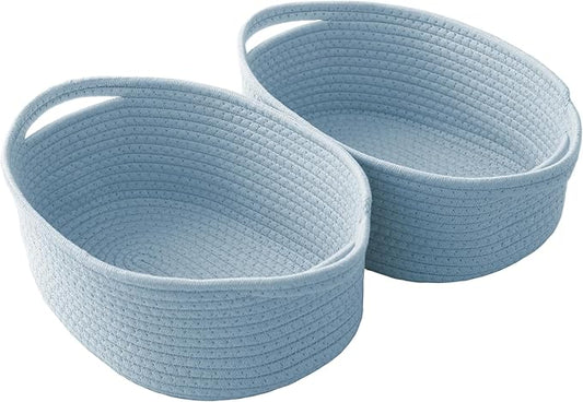 Woven Basket,Small Rope Storage Bin with Handles & Ribbon Bag, Organizer for Shelves Closets,Gift Basket Empty for Birthday,Books,Dog Toys, Blue/2 Pack