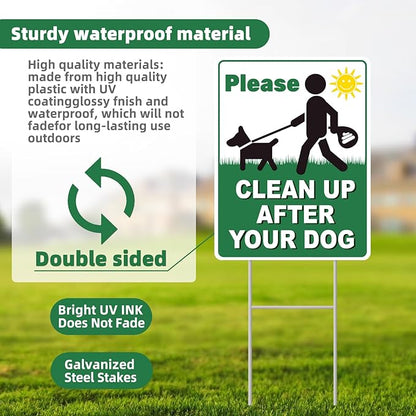 Clean UP After Your Dog Signs, 2-Pack 13"x10" Double-Sided H-Metal Stakes, Pick Up After Your Dog Sign for Yard, Please Clean Up After Your dog Sign