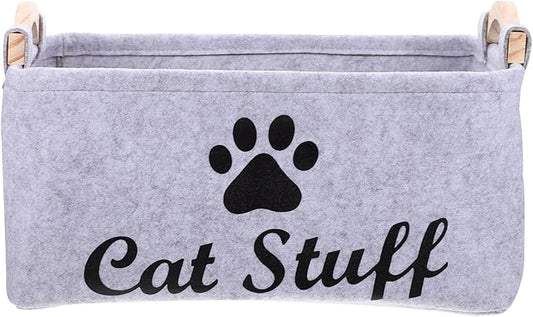 POPETPOP Pet Toy Storage Bin Felt Basket with Wooden Handles 15.35X10.62X7.08 Inch Organizer Container for Dog Cat Accessories Toys and Treats Storage