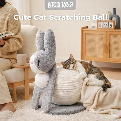 MUTTROS Cute Cat Scratcher- Bunny Style, Cat Scratching Post with Paper Rope, Extra Large Cat Scratch Ball (Ø11.8) for Indoor Kitten, Rabbit Scratch Ball for Kitty to Climb & Play, Gray