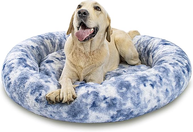 Calming Dog Bed for Big Dogs, 39'' Round Anti-Anxiety Warm Fluffy Plush Faux Fur Bed, Soft Anti-Slip Donut Washable Big Pet Bed, Cozy Big Dogs Bed, Fits up to 100 lbs Pets