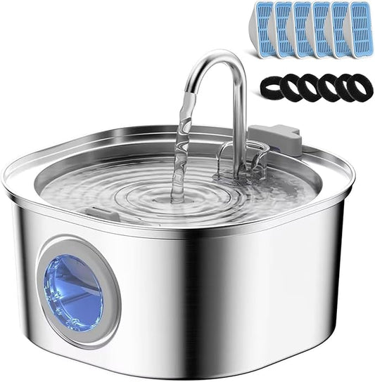 PEKTACO Stainless Steel Cat Water Fountain, 3.2L/108oz Cat Water Dispenser with Quiet Water Pump, Dishwasher Safe Pet Drinking Fountain for Cats with 6 Filters + 6 Sponges