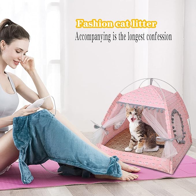 Gigreinc Cat Princess Indoor Tent House Pet Dog Cute Floral Cave Nest Bed Portable Dog Tents (L:48x48x46cm/18.8x18.8x18inch, Floral Pink)