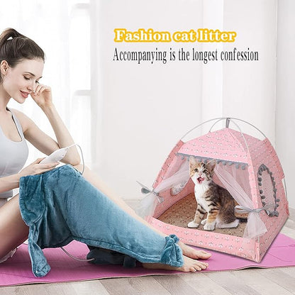 Gigreinc Cat Princess Indoor Tent House Pet Dog Cute Floral Cave Nest Bed Portable Dog Tents (L:48x48x46cm/18.8x18.8x18inch, Floral Pink)