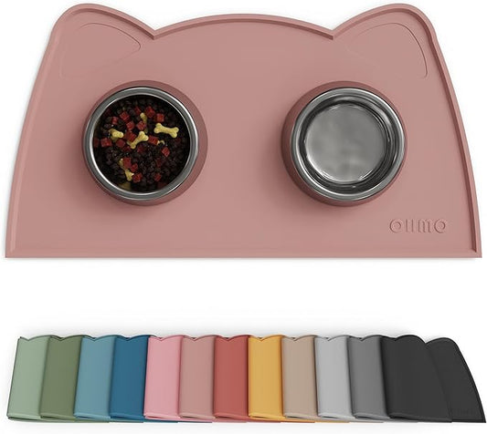 OHMO - Cat Food Mat, Silicone Pet Feeding Mat for Floor Non-Skid Waterproof Dog Water Bowl Tray, Easy to Clean Pet Placemat (Rose, 18 * 9.8'')