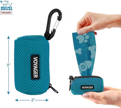 Best Pet Supplies Dog Poop Bag Holder Leash Attachment with 15 Bags, Turquoise, Reusable Mesh Dispenser Pouch for Travel, Walking, Park, and Outdoor Use, Soft and Durable with Clip-On