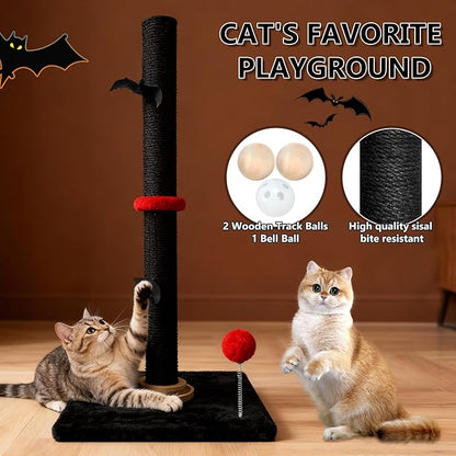 Gothic 27'' Scratching Post, Cat Scratcher Indoor, Wooden Ball Track Toy, Hanging Ball, Bouncy Ball, Interactive Toy Furniture for Kittens Adult Cats, Black Red