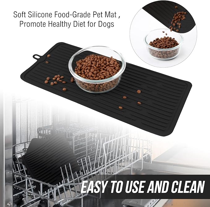 Waterproof Pet Placemat,Feeding Mats,Non Slipping Cat Food Mats,Cat Food Mats for Floor with Lip,Dog Food Mat-Black
