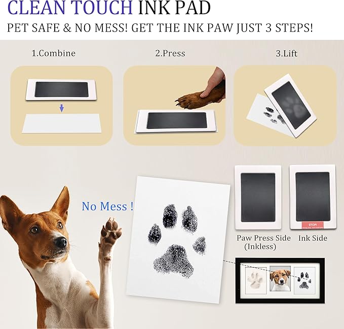 MYPAWLETS Extra Large Paw Print Frame Kit,Dog/Cat Paw Print Kit,Soft Pawprint Clay&Clean Touch Ink Pad,Pet Paw Print Impression Kit with Customization Tool,Wooden Pet Memorial Frame-Black
