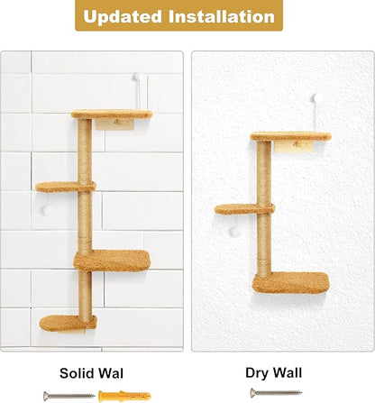 Brown Wall Mounted Cat Wall Climber & Tree for Kittens, 4 Platform Cat Shelves with Brown Plush Cushions, Floating Furniture for Climbing, Lounging, Scratching – 49” Tall