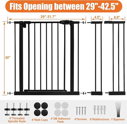 keny 29"-42.5" Baby Gate for Stairs, Auto Close Safety Dog Gate, Pressure Mounted Easy Walk Through Pet Gate for Doorways, Durable Stair Gate, 30" Tall, Black