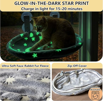 Cat Window Perch Hammock - Glow in The Dark Cordless Foldable Pet Bed with Sturdy Metal Frame & Strong Suction Cups, Star Print Resting Seat for Indoor Cats with Removable Washable Cover