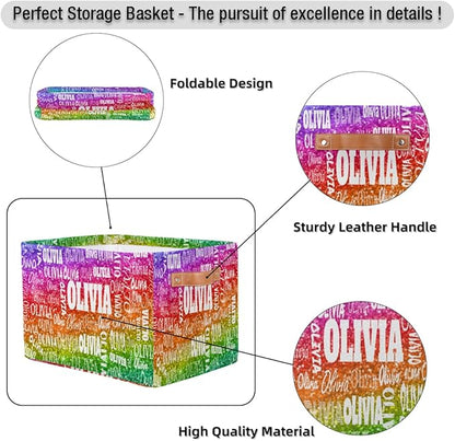 Custom Name Storage Bin, Personalized Rectangular Storage Basket with Handles for Organizing Boys Girls Toys Office Closet Shelf Baskets, Bright Colorful Rainbow Red Green Purple Sequins Glitter