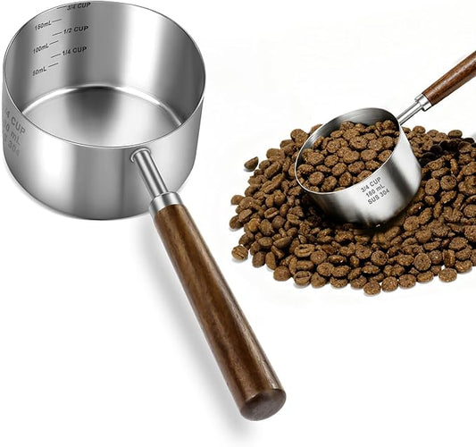 Stainless Steel Dog Food Scoop, Dog Food Measuring Cup With Measuring Lines (Cup/ML) & Long Wooden Handle, Metal Pet Food Scoop For Dogs, Cats and Kitchen Use, Dishwasher Safe (3/4 CUP)