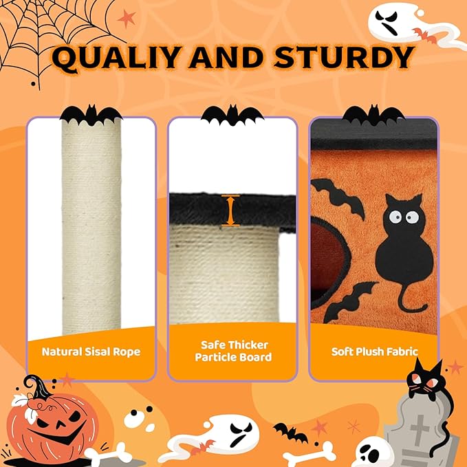 VINGLI 43.4in Halloween Cat Tree Tower, Indoor Gothic Cat House with Sisal-Covered Scratching Posts & Platforms & Cat House Caves Box with Gesture, Black & Orange