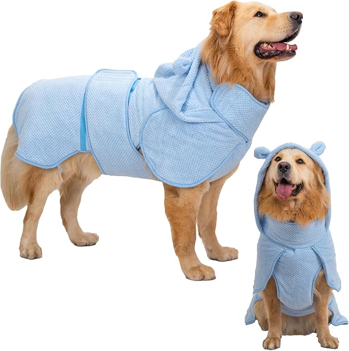 Dog Bathrobe Towel Wrap, Hooded Double Layer Super Absorbent Dog Drying Coat, Adjustable Warm Bath Robe for Cold Weather, Beach, Pool, Fast Drying Towels for Large Medium Dogs,Blue,XL