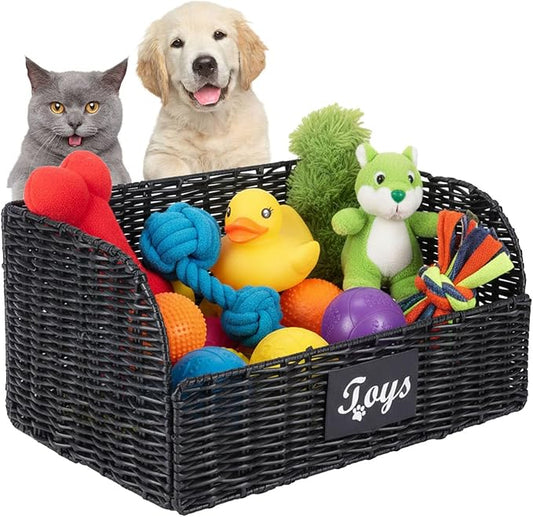 Dog Toy Basket Large Foldable Portable Rattan Dog Toy Storage Organizer for Living Room Bedroom Entryway Floor Corner Pet Toys Basket with Label, Dogs Toys Bin for Cats, Dogs and Pets-Black