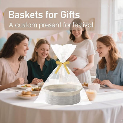 Woven Basket,Small Rope Storage Bin with Handles & Ribbon Bag, Organizer for Shelves Closets,Gift Basket Empty for Birthday,Books,Dog Toys, White&Grey/2 Pack