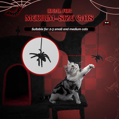 VINGLI 41.8in Gothic Cat Tree, Halloween Cat Tower for Indoor Cats with Dome Cat Condo, Branch Shaped Sisal Scratching Post, Ladder Scratcher & Hanging Spider Toy, Red & Black Cat Furniture