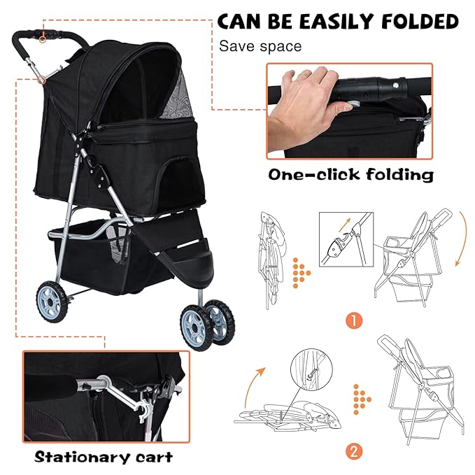 Dog Stroller for Small Dogs,Pet Stroller Strolling Cart Folding Pet Gear Lightweight Waterproof with Storage Basket for Puppy Small Medium Dogs Cats for Travel,Black