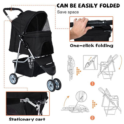 Dog Stroller for Small Dogs,Pet Stroller Strolling Cart Folding Pet Gear Lightweight Waterproof with Storage Basket for Puppy Small Medium Dogs Cats for Travel,Black